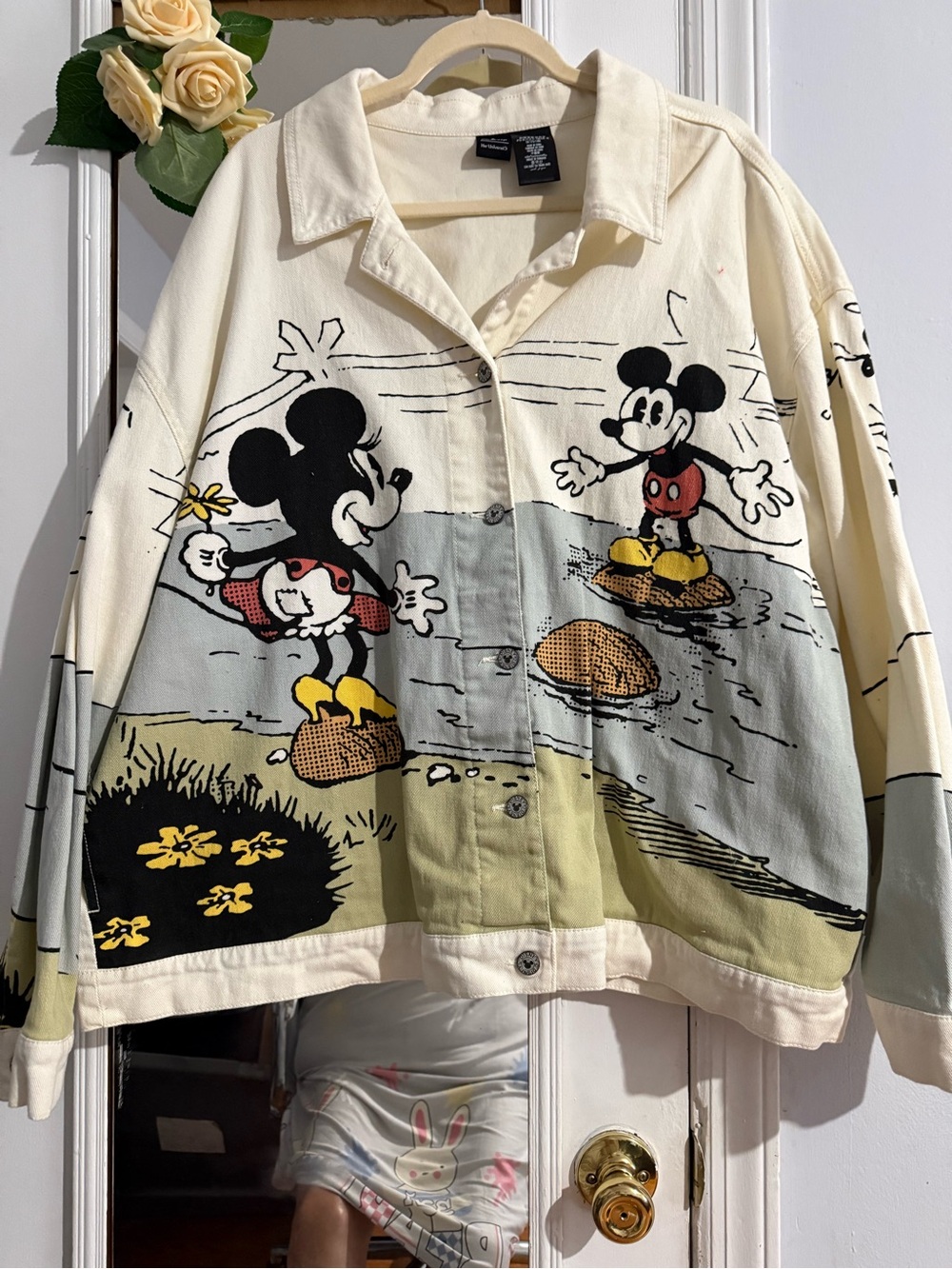 Disney Cream Mickey Print Button-Front Jean Jacket